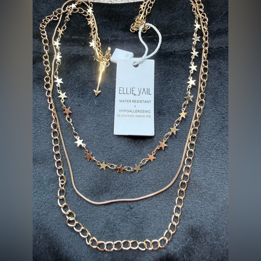 Ellie Vail 3 Strand Layered Star Curb Chain Necklace 18k Plated Water Resistant